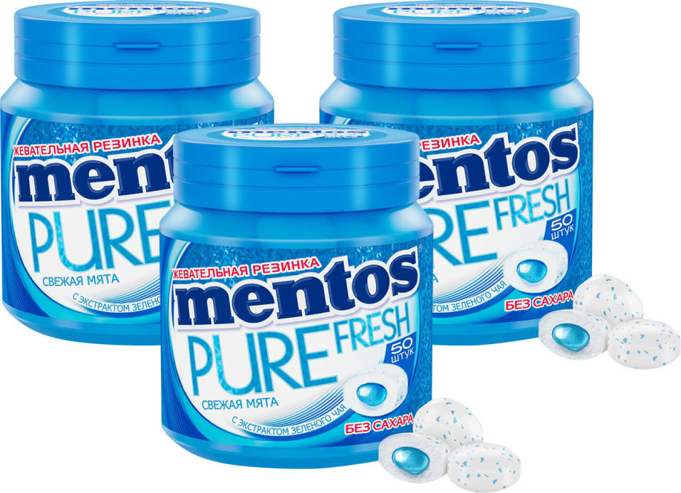 Жевательная резинка Mentos Pure Fresh Свежая мята 100г (упаковка 3 шт.)