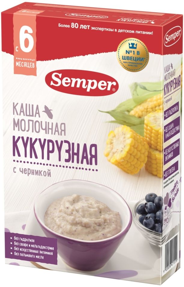 Каша Semper Кукурузная с черникой молочная с 6 месяцев 180г