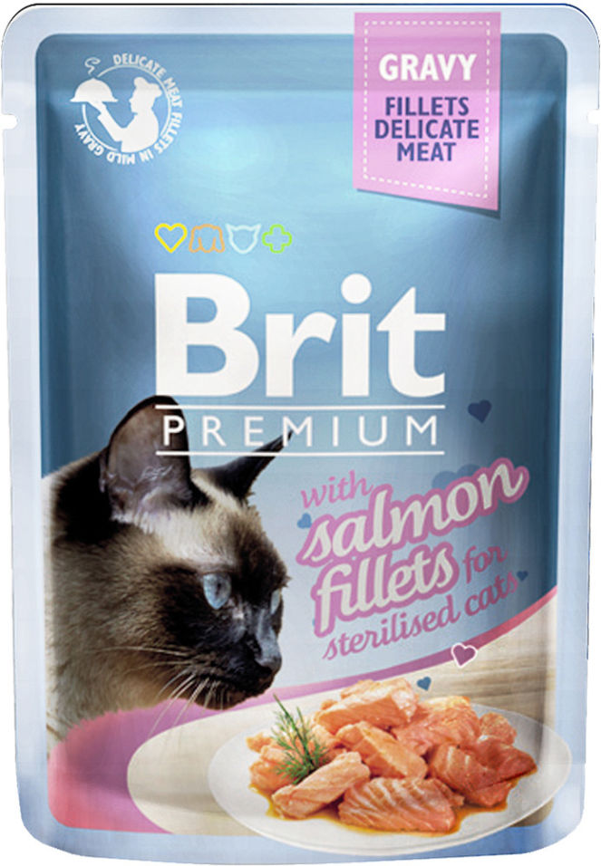 Корм для кошек Brit Premium Кусочки филе лосося в соусе 85г Корм для кошек Brit Premium Кусочки филе лосося в соусе 85г