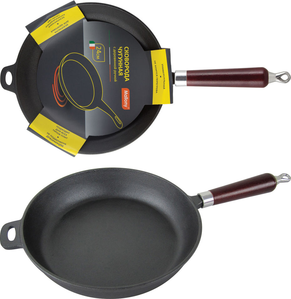 Сковорода Mallony CIF24-W Чугунная с деревянной ручкой 24см