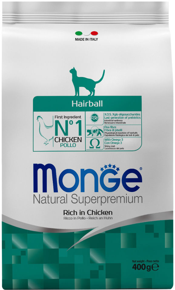 Корм для кошек Monge Cat Hairball для выведения шерсти 400г Корм для кошек Monge Cat Hairball для выведения шерсти 400г