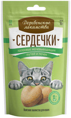 Лакомство для кошек Деревенские лакомства Сердечки для здоровья мочевыводящих путей и почек 30г